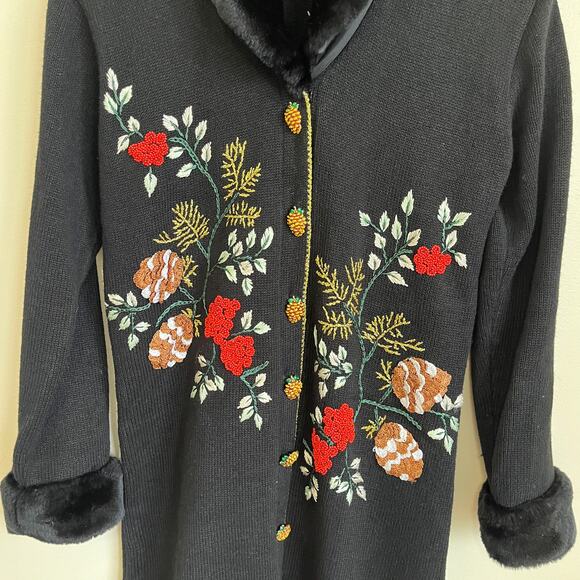 Storybook Knits Holiday Pines Cardi Sweater Size XS Beaded Embroidery Fur Collar - Picture 6 of 11